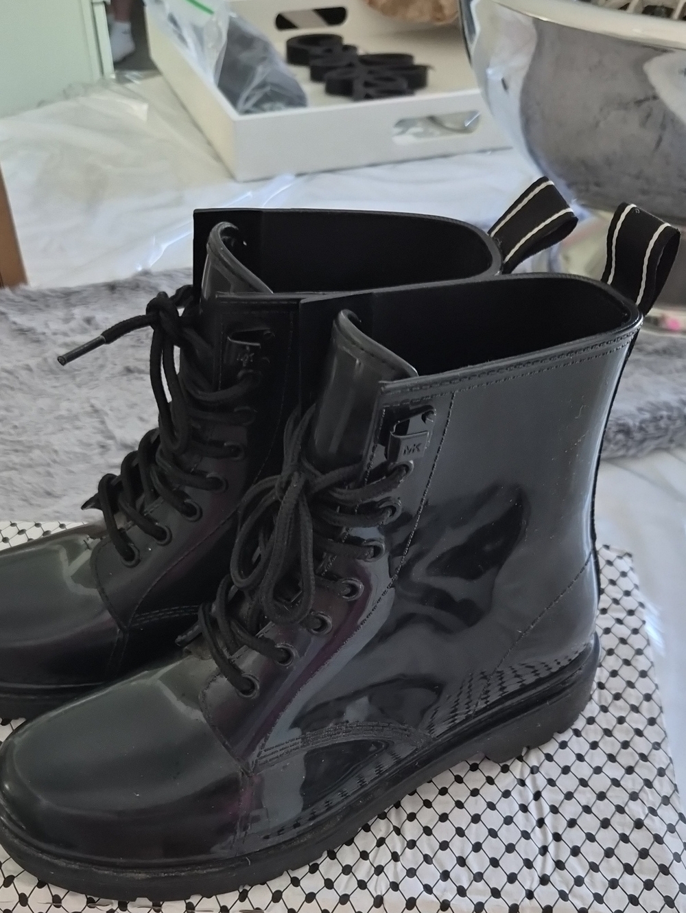 Michael Kors Black Patent Lace-Up Combat Boots